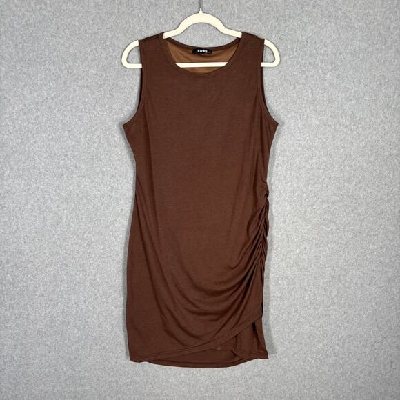 Dress Large Mini Bodycon Ruched Jersey Stretch Basic Neutral Quiet Tight Comfort - Picture 1 of 11